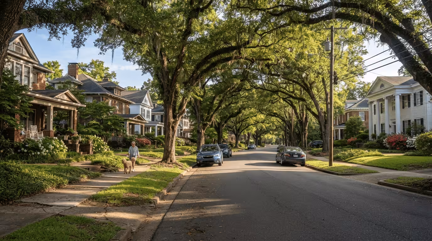 Scenic tree-lined neighborhood street in Macon Georgia